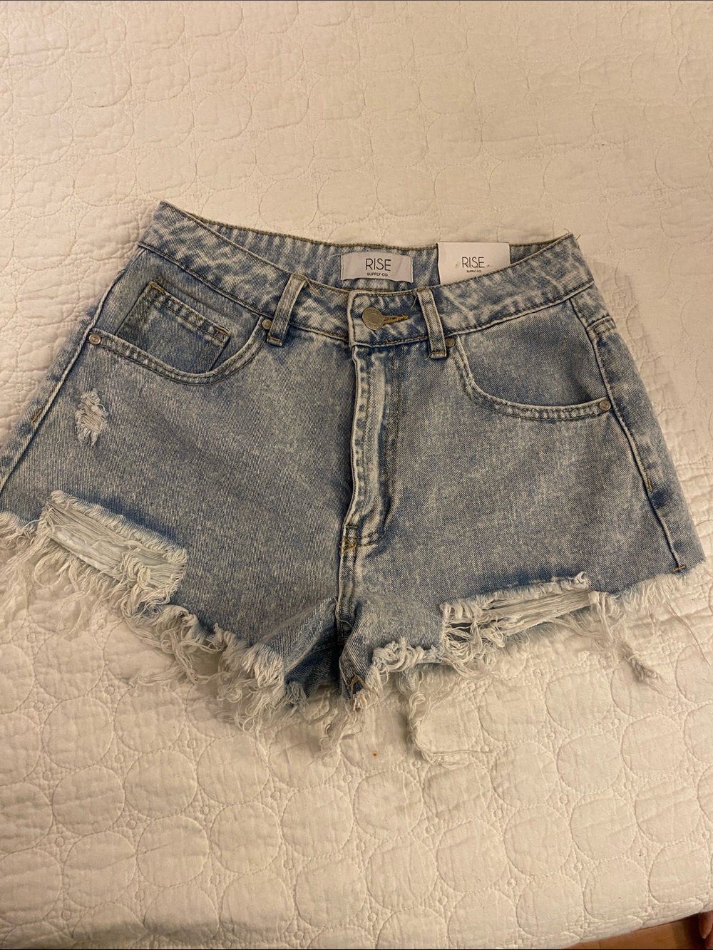 Rise Light Wash Frayed Hem Denim Shorts